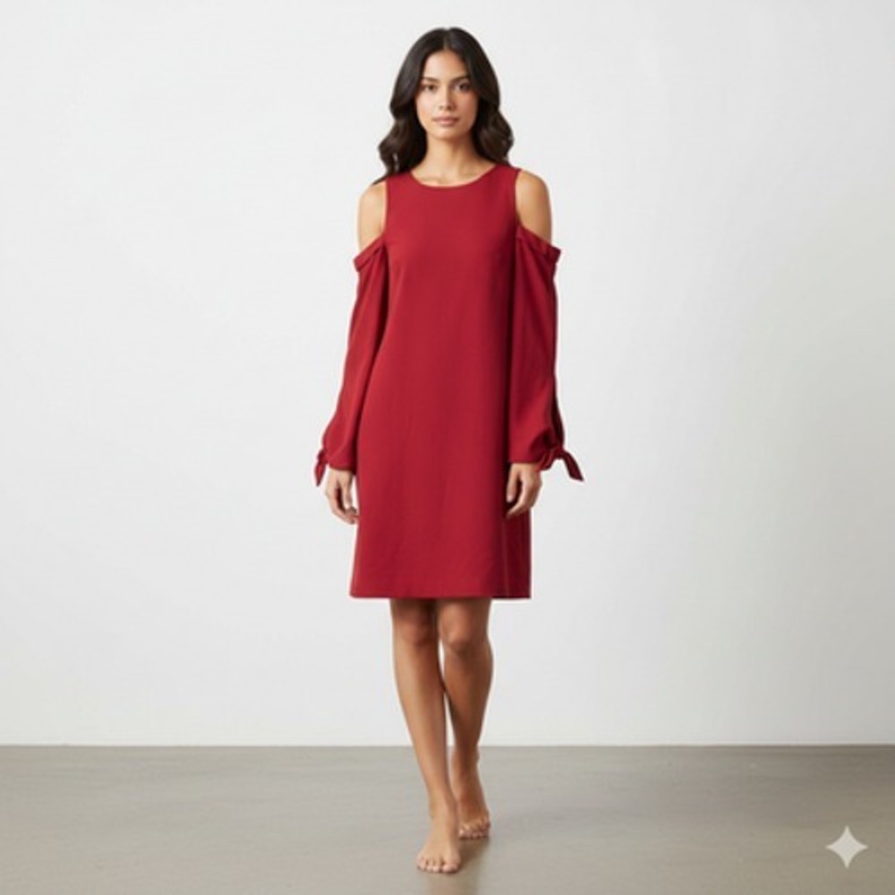 Tibi Dress Womens 2 Red Cold Shoulder Long‎ Sleeve Shift Bow Cuff Mini Party